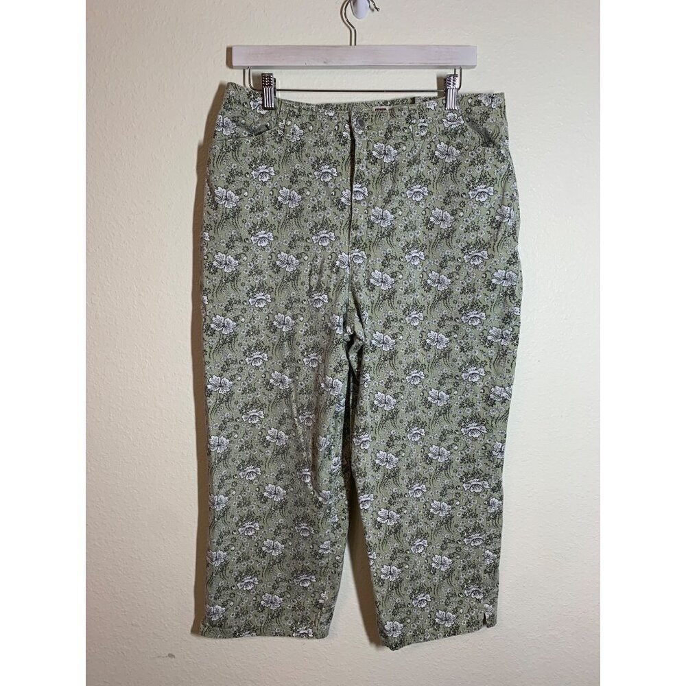 VTG Faded Glory Floral Print Denim Capris Pants Green Casual Granny Y2K Size 14